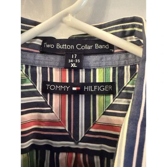 Tommay Hilfiger 2 Button Collar Band Stripe XL 17 34/35 Bright Casual 90s Y2K‎ - Picture 3 of 4